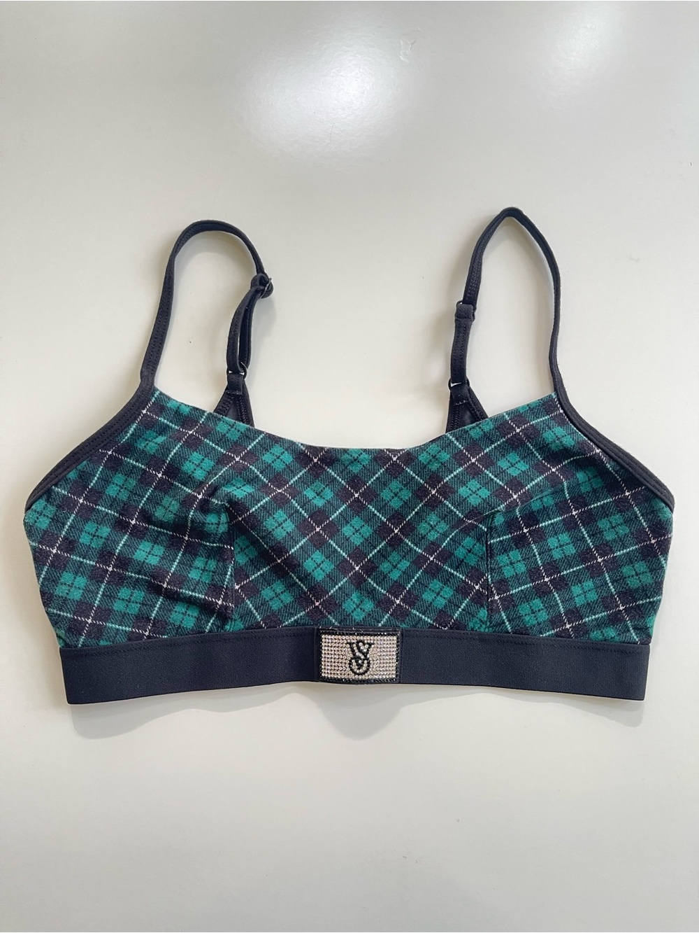 Victoria's Secret Black and Green Plaid Bralette with Rhinestone Logo